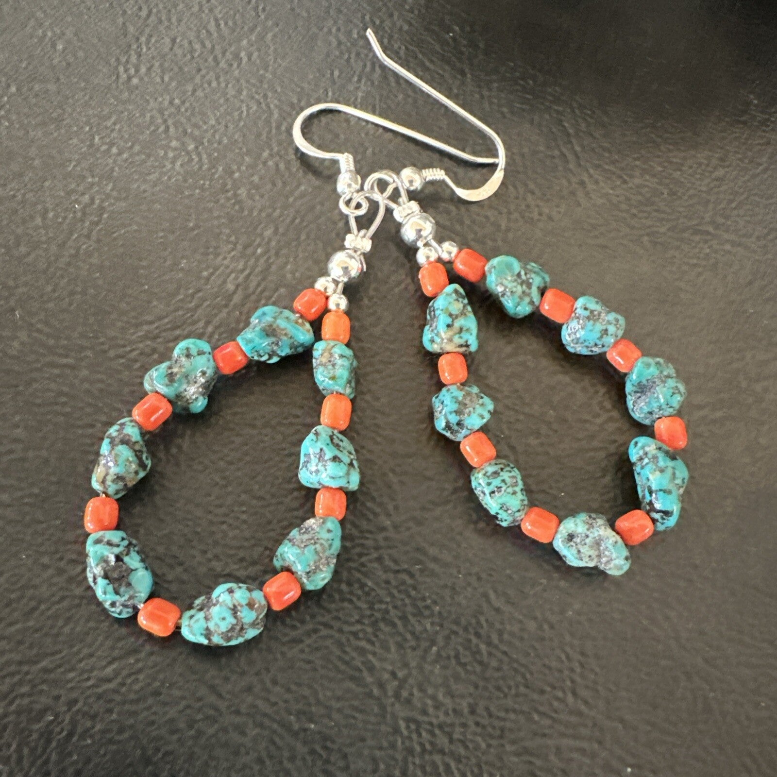 Blue Kingman Nugget Turquoise Coral Navajo Sterling Silver Earrings 2” 18836