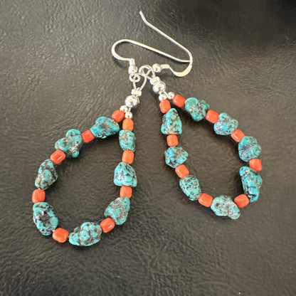 Blue Kingman Nugget Turquoise Coral Navajo Sterling Silver Earrings 2” 18836
