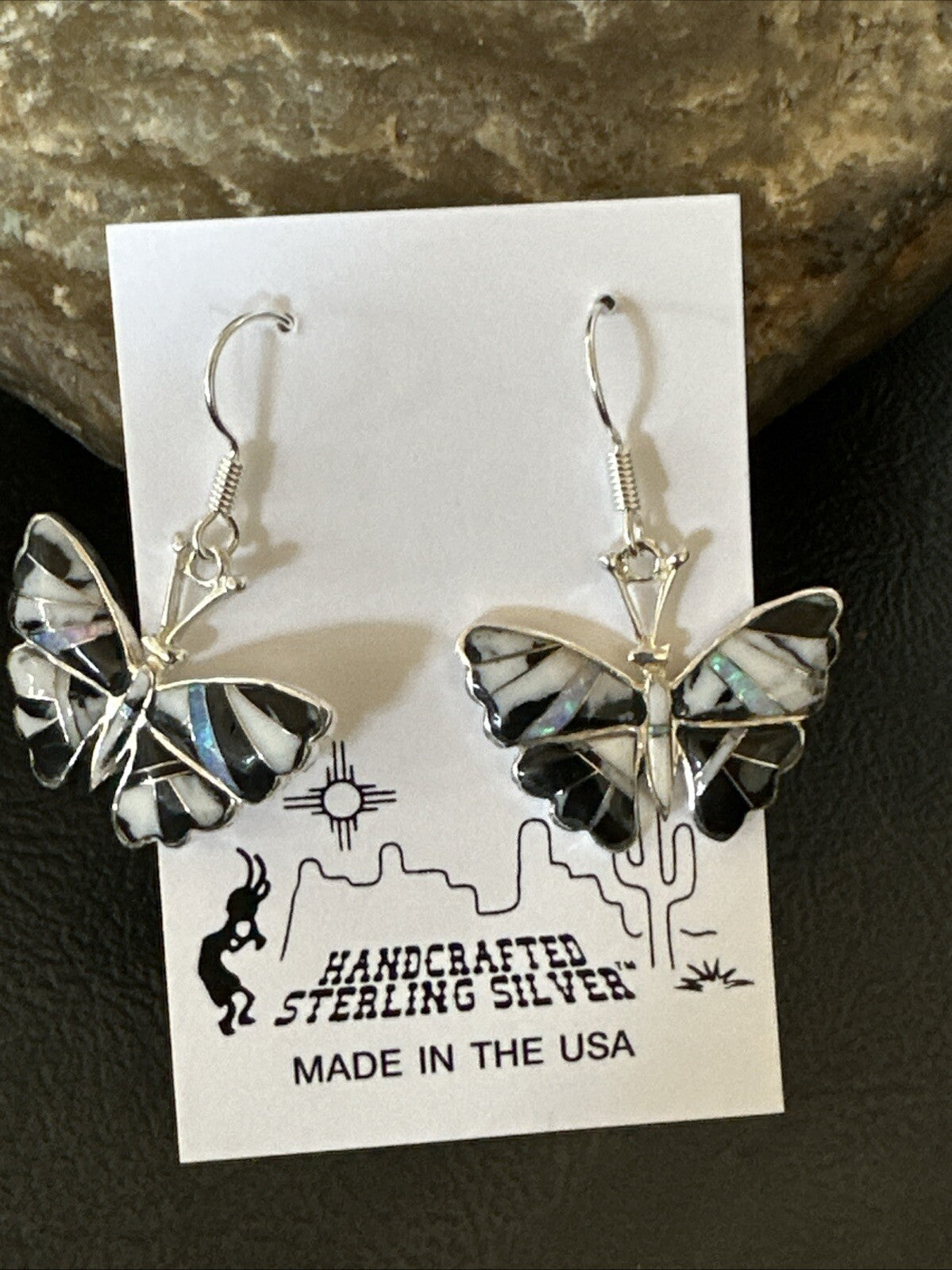 White Buffalo Turquoise Opal Onyx Sterling Silver ButterFly Earrings 18553
