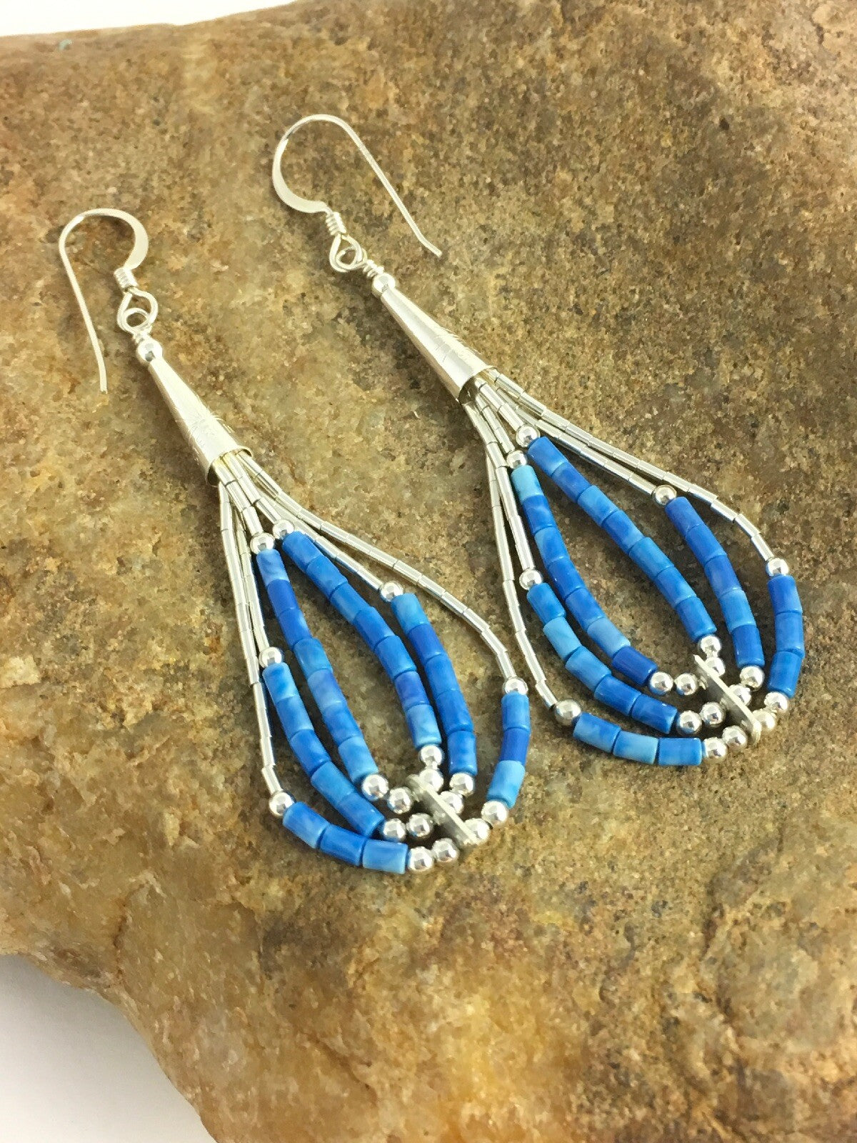 Blue Turquoise Heishi Tube Liquid Sterling Silver Dangle Earrings 2” 8873