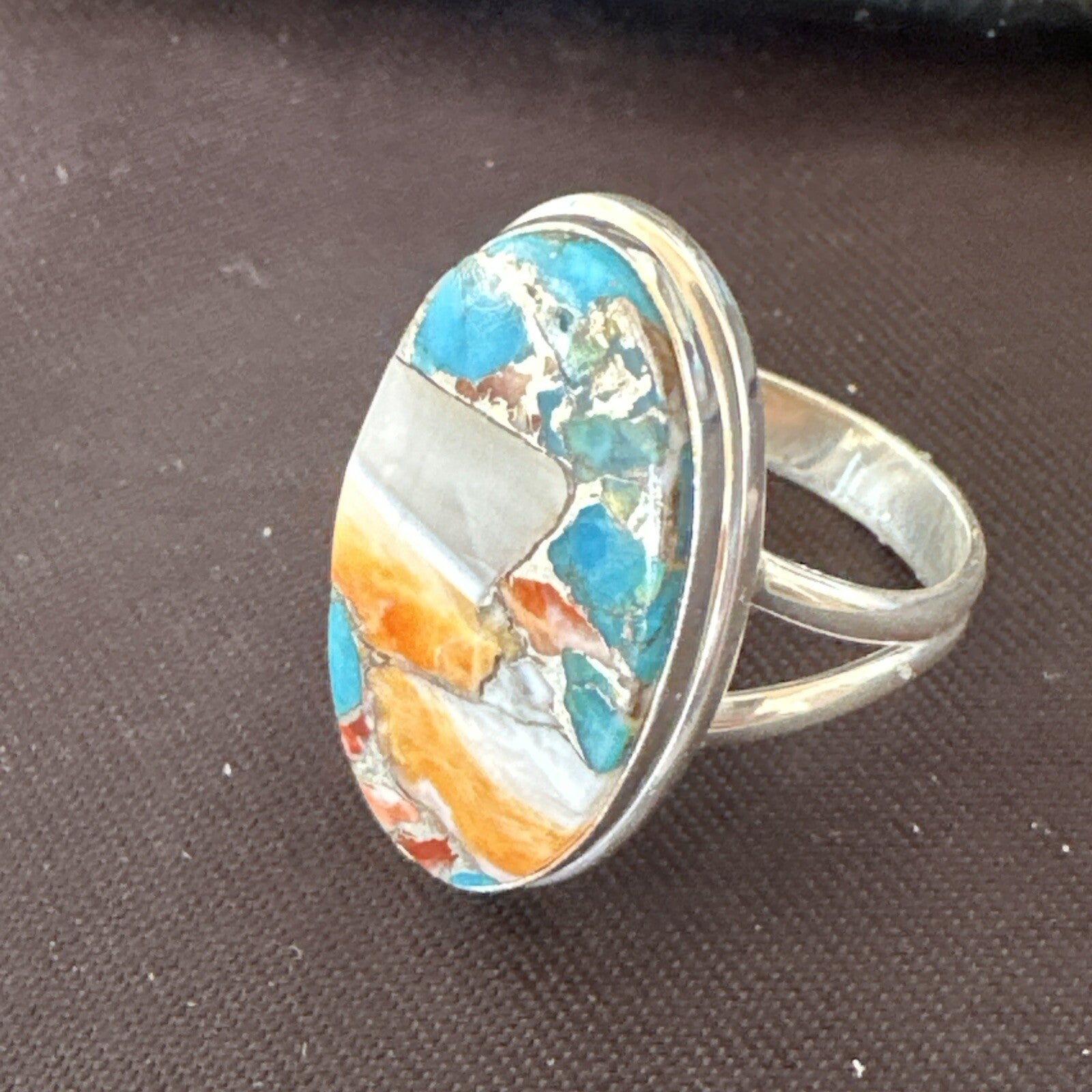 Blue Turquoise Spiny Oyster Southwestern Sterling Silver Ring Size 8 18547