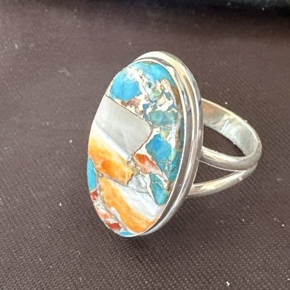 Blue Turquoise Spiny Oyster Southwestern Sterling Silver Ring Size 8 18547