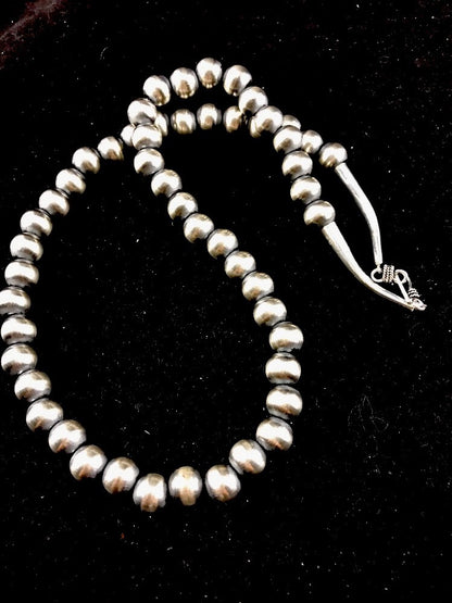 Native American 12mm Sterling Silver Navajo Pearls 22" Hook & Eye Cone Necklace