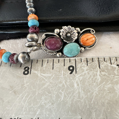 Multicolor Turquoise Spiny Navajo Sterling Silver Cluster Pendant Necklace 19641