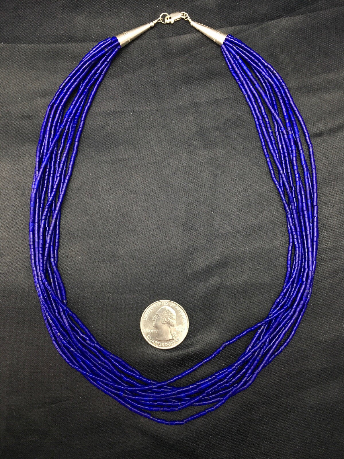 Stabilized Lapis Lazuli 10 Strand Sterling Silver Tube Heishi Necklace 26" 19714
