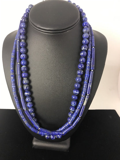 Native Denim Lapis 3 strand Sterling Silver Tube Bead 22" Necklace 3869