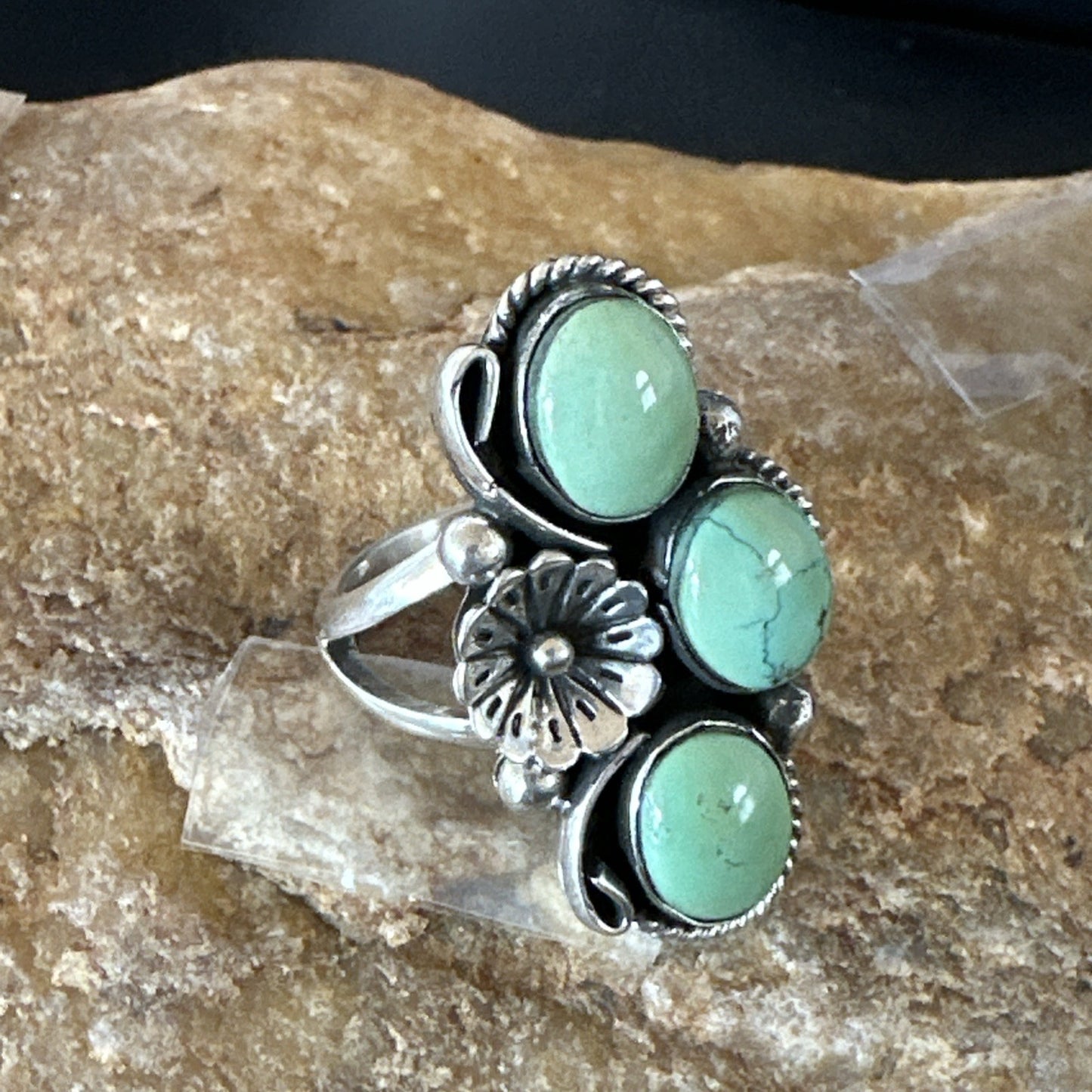 Yazzie Ring Green Turquoise Navajo Sterling Silver Cluster Size 9 19216