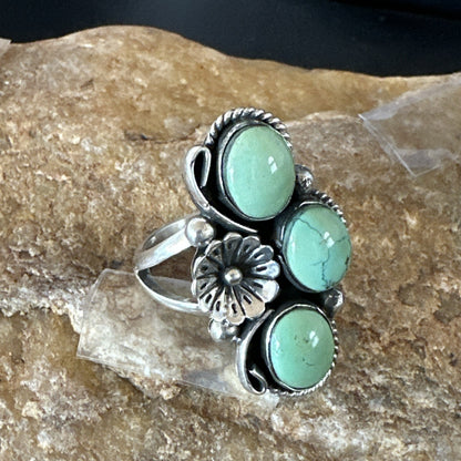 Yazzie Ring Green Turquoise Navajo Sterling Silver Cluster Size 9 19216
