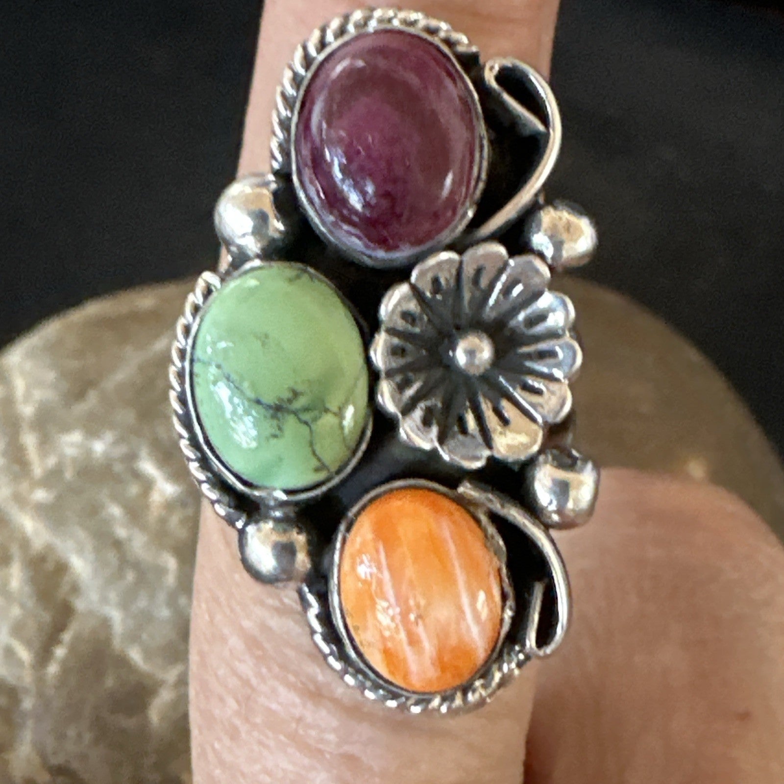 Multicolor Ring Turquoise Spiny Navajo Sterling Silver Cluster Size 7 19179