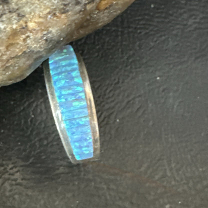 Blue Opal Navajo Sterling Silver Band Inlay Ring Size7 18800
