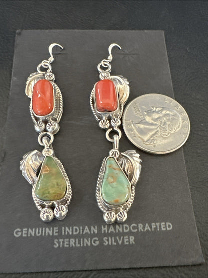 Green Royston Turquoise Red Coral Navajo Sterling Silver Dangle Earrings 1634