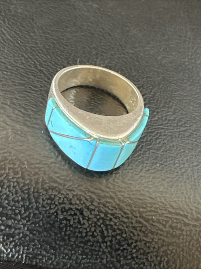 Blue Turquoise Native Navajo Sterling Silver Inlay Band Ring Size 7 18814