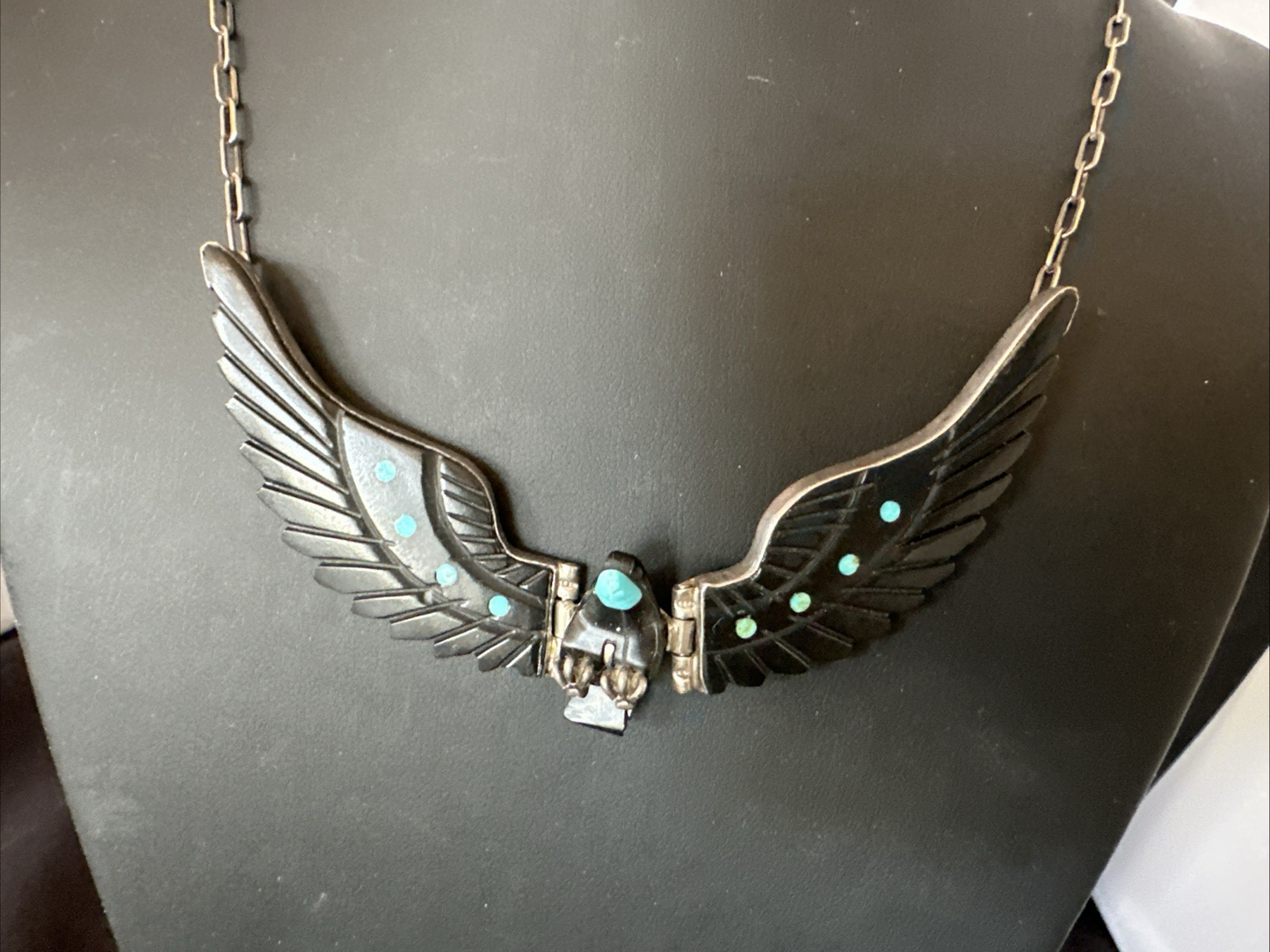 Navajo Flying Eagle 4.5"  Black Jet Turquoise Necklace F Tom 20” 19420