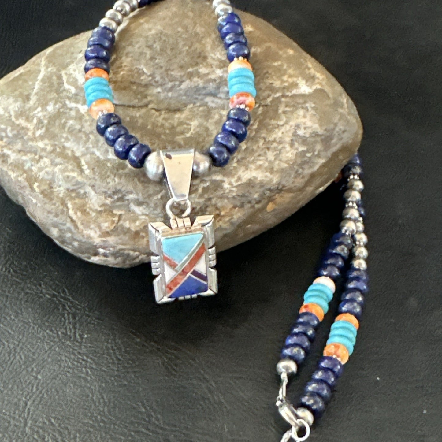 Multicolor Turquoise Coral Navajo Sterling Silver Inlay Pendant Necklace 19651