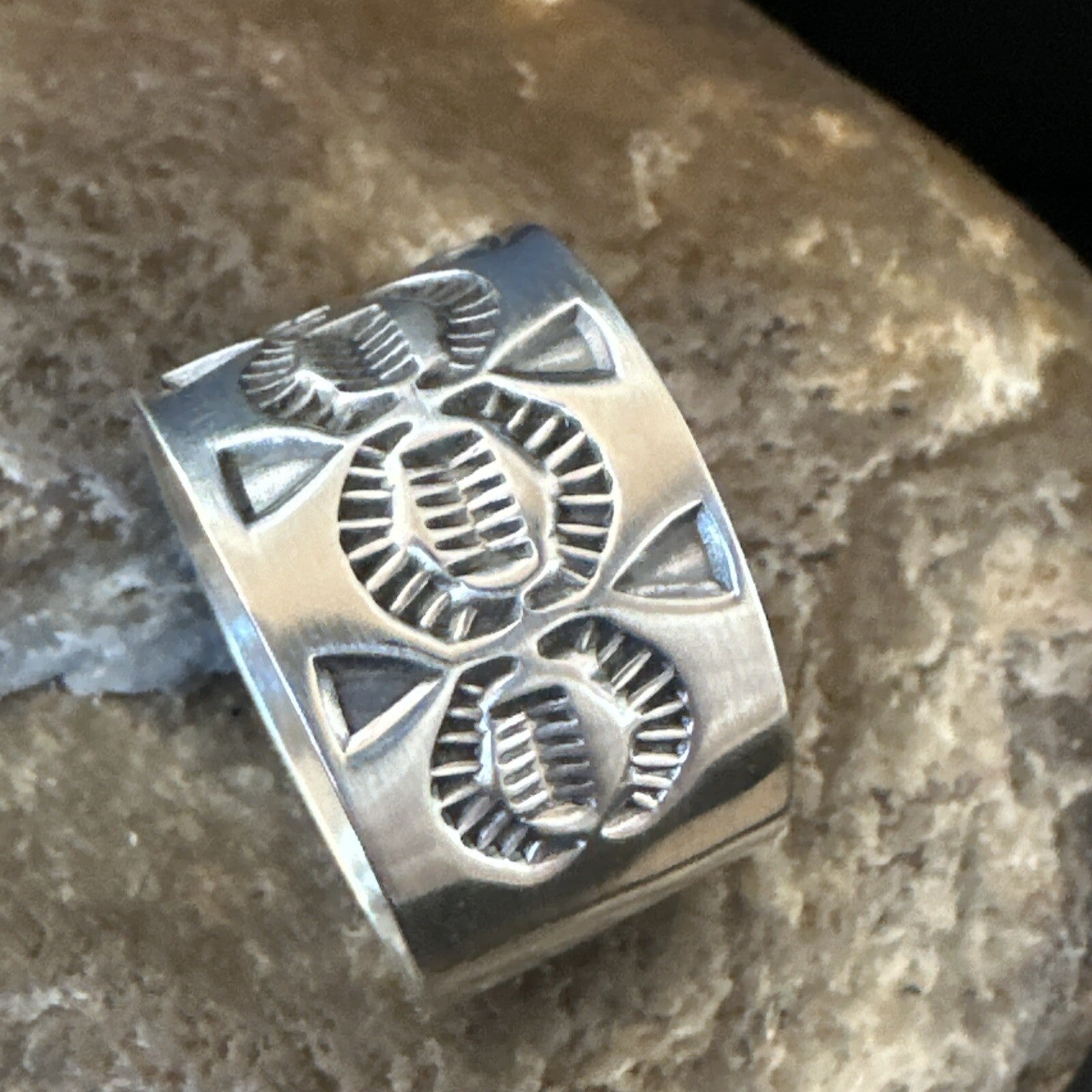 Mens Women Wedding Wide Band Navajo Stamped Sterling Silver Ring Size 10.5 17996