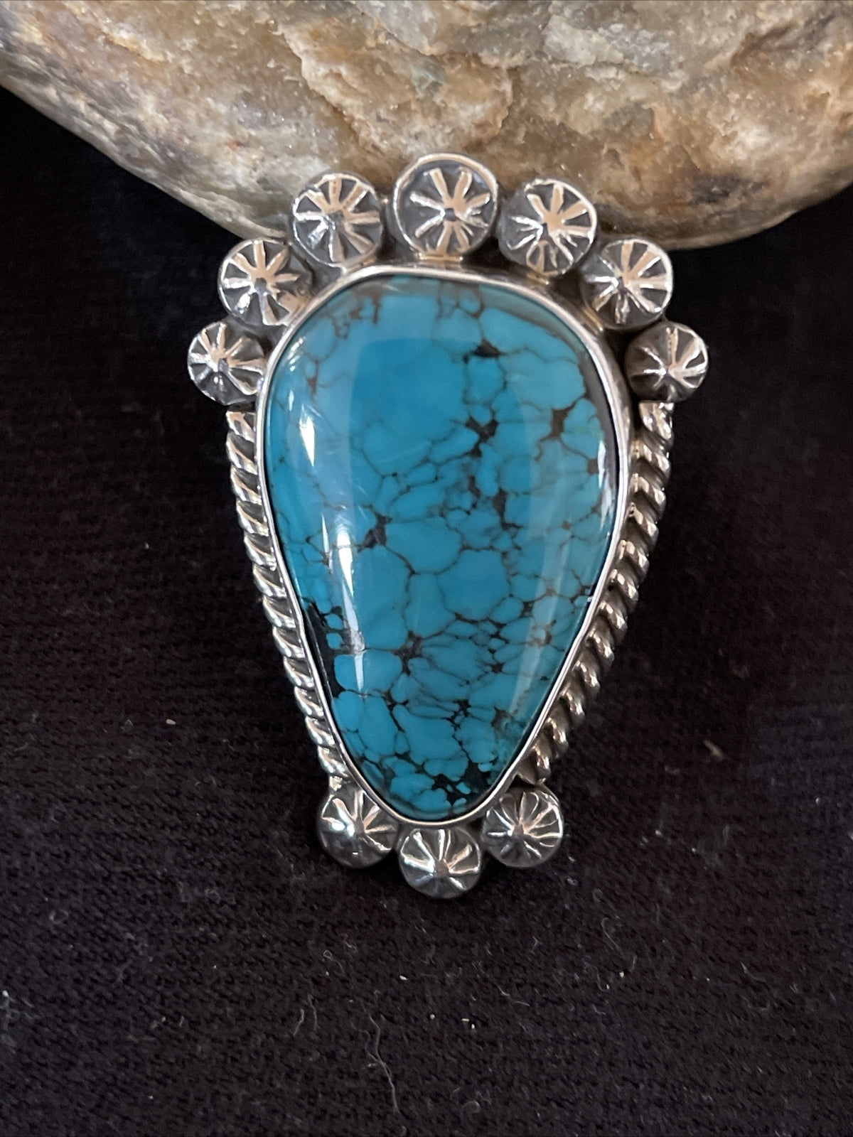 Blue Spiderweb Turquoise Navajo Sterling Silver Ring Size 10 14849