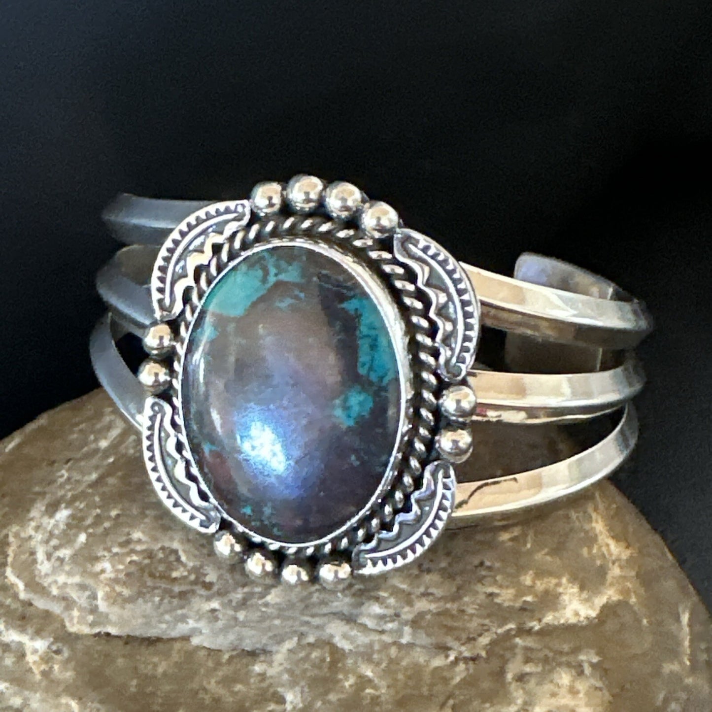 Navajo Blue TURQUOISE Stamped Sterling Silver Cuff Bracelet 18715