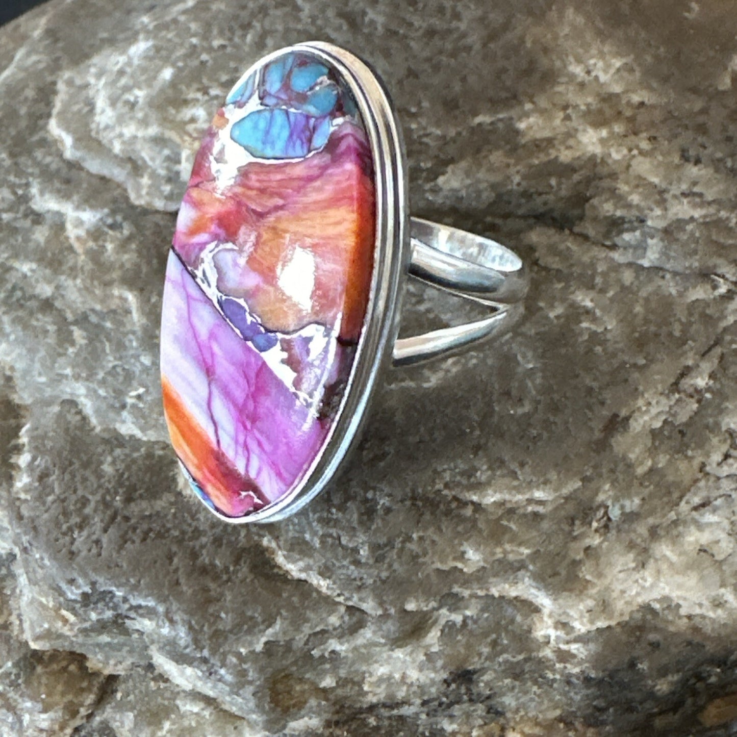 Blue Turquoise Spiny Oyster Southwestern Sterling Silver Ring Size 7 18493