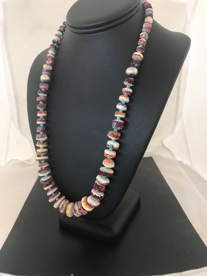 Purple Spiny Oyster & Turquoise Bead Navajo Sterling Silver Necklace 08439