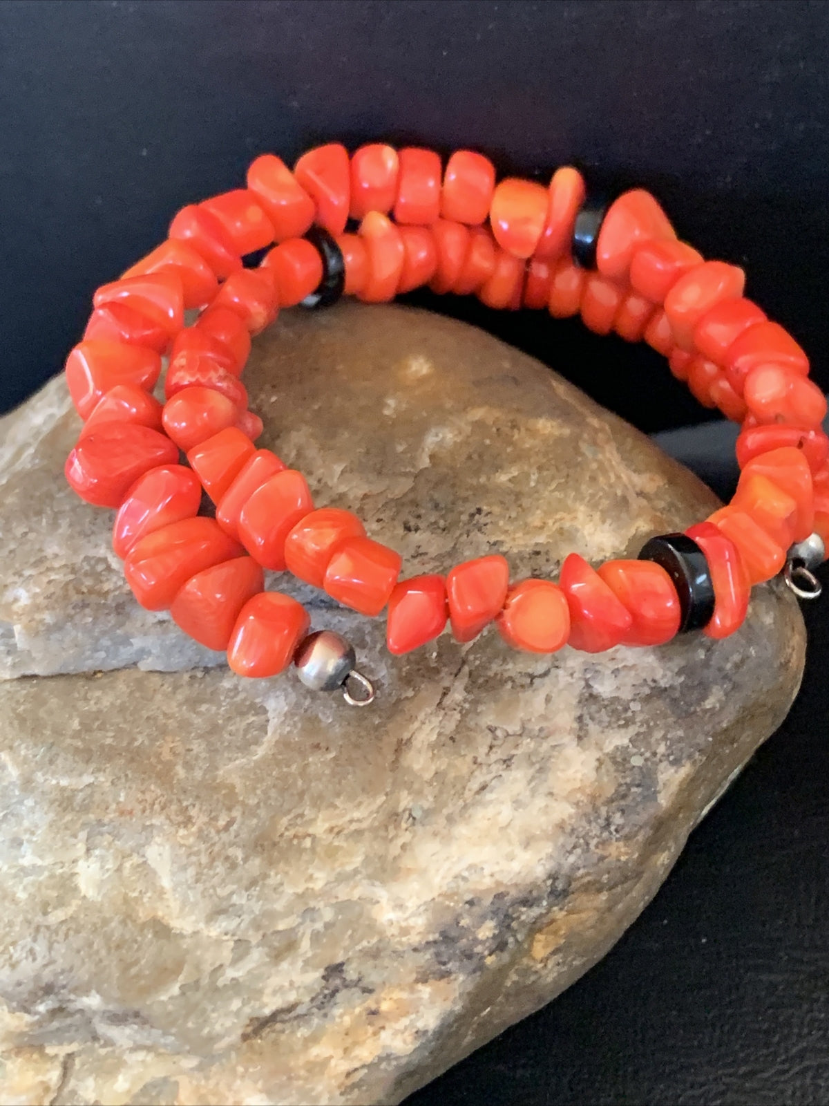 Memory wire Stainless Steel Coral Onyx Bead Bracelet Sterling Silver 01955