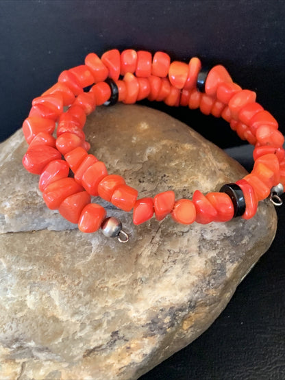 Memory wire Stainless Steel Coral Onyx Bead Bracelet Sterling Silver 01955