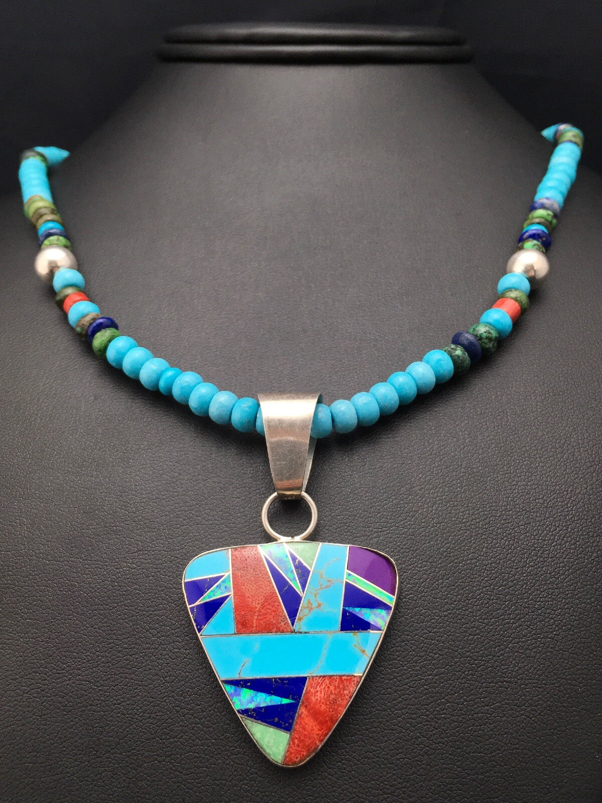 Blue Turquoise Pendant Navajo Sterling Silver Necklace 21" 4277