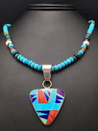 Blue Turquoise Pendant Navajo Sterling Silver Necklace 21" 4277