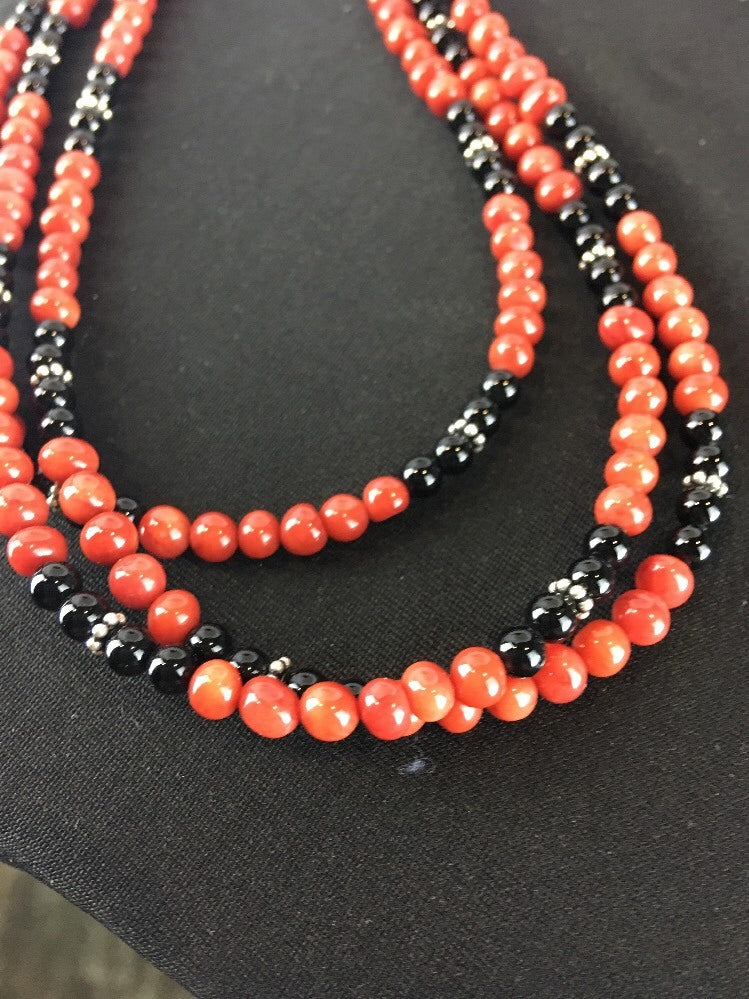 Red Bamboo Coral Black Onyx 3 Strand Sterling Silver Necklace 3246