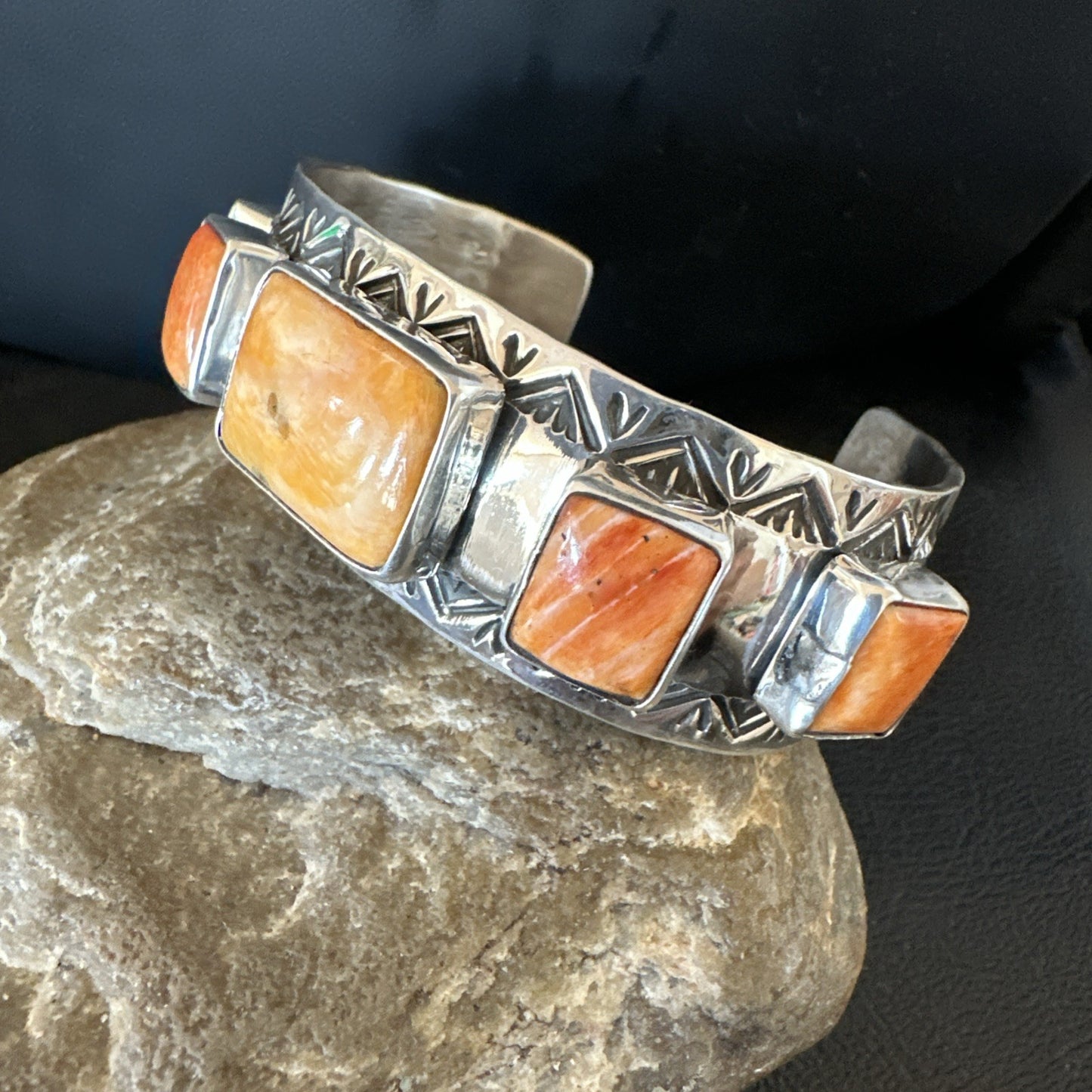 Orange Spiny Oyster 5 Stone Row Sterling Silver Navajo Cuff Bracelet 7.7" 19478