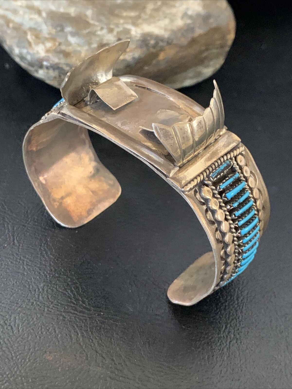 Mens Blue Turquoise Zuni Sterling Silver Inlay Cuff Watch Tips Bracelet 19033