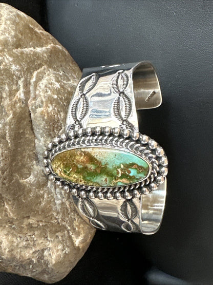 Navajo Green Royston TURQUOISE Stamped Sterling Silver Cuff Bracelet 18642