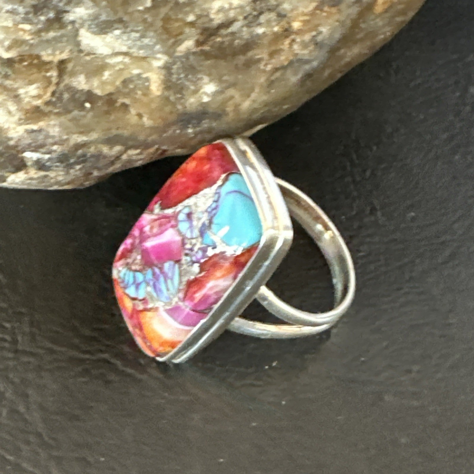 Blue Turquoise Spiny Oyster Southwestern Sterling Silver Ring Size 9 19060