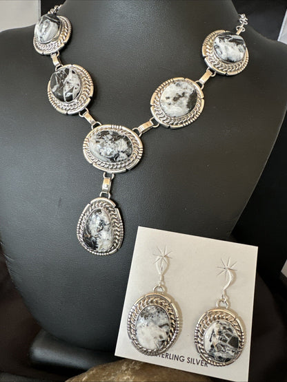 Women White Buffalo Turquoise Necklace Earrings Sterling Silver 19” 18605