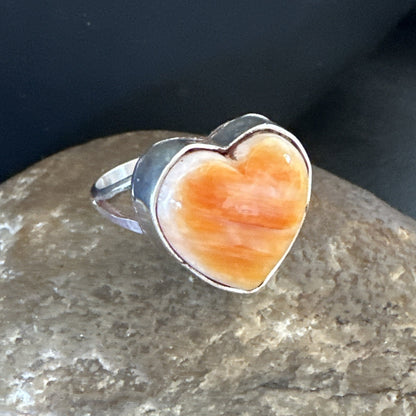 Orange Heart Ring Handmade Navajo Spiny Oyster Sterling Silver Sz 8.5 19328