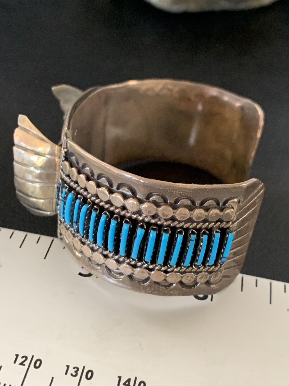 Mens Blue Turquoise Zuni Sterling Silver Inlay Cuff Watch Tips Bracelet 19033