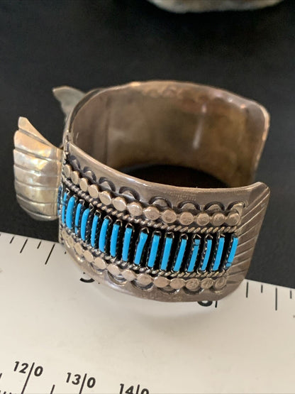 Mens Blue Turquoise Zuni Sterling Silver Inlay Cuff Watch Tips Bracelet 19033