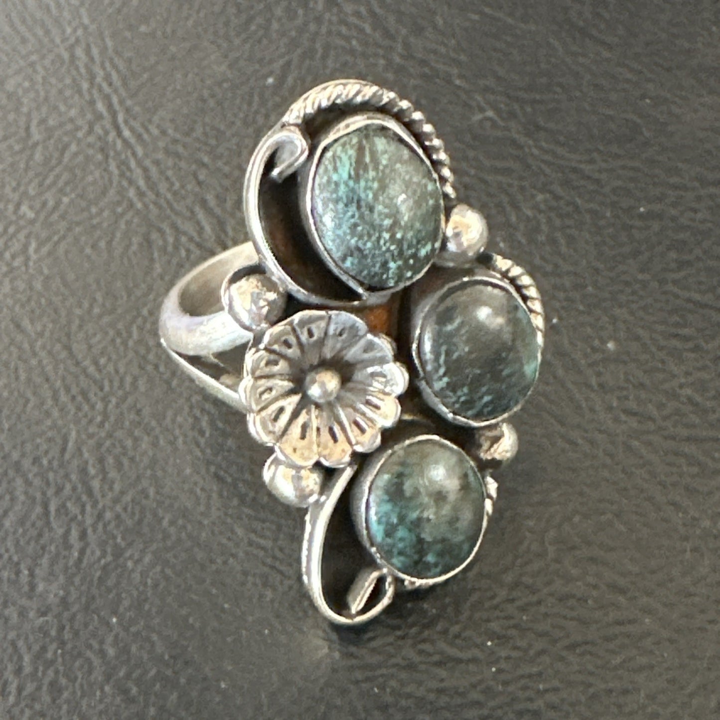 Yazzie Ring Blue Turquoise Navajo Sterling Silver Cluster Size 9.5 19241