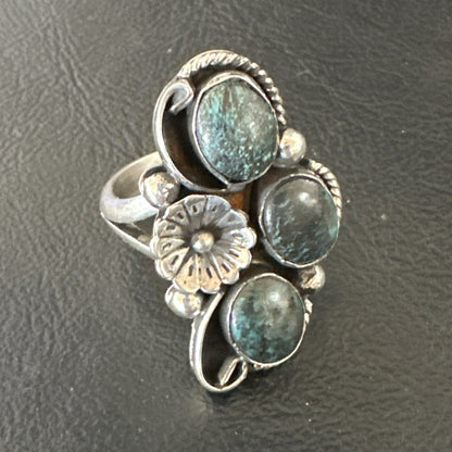 Yazzie Ring Blue Turquoise Navajo Sterling Silver Cluster Size 9.5 19241