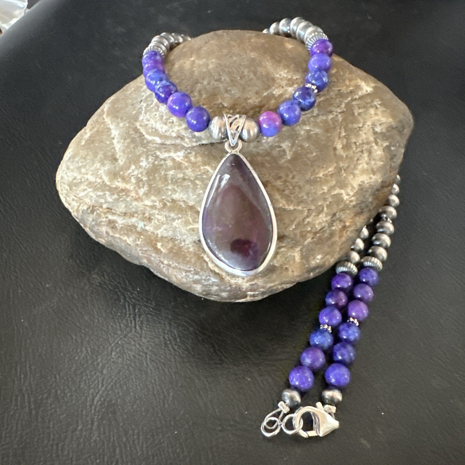 Purple Stone Pendant Navajo Pearls Sterling Silver Necklace 23" 17893