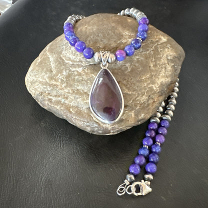 Purple Stone Pendant Navajo Pearls Sterling Silver Necklace 23" 17893