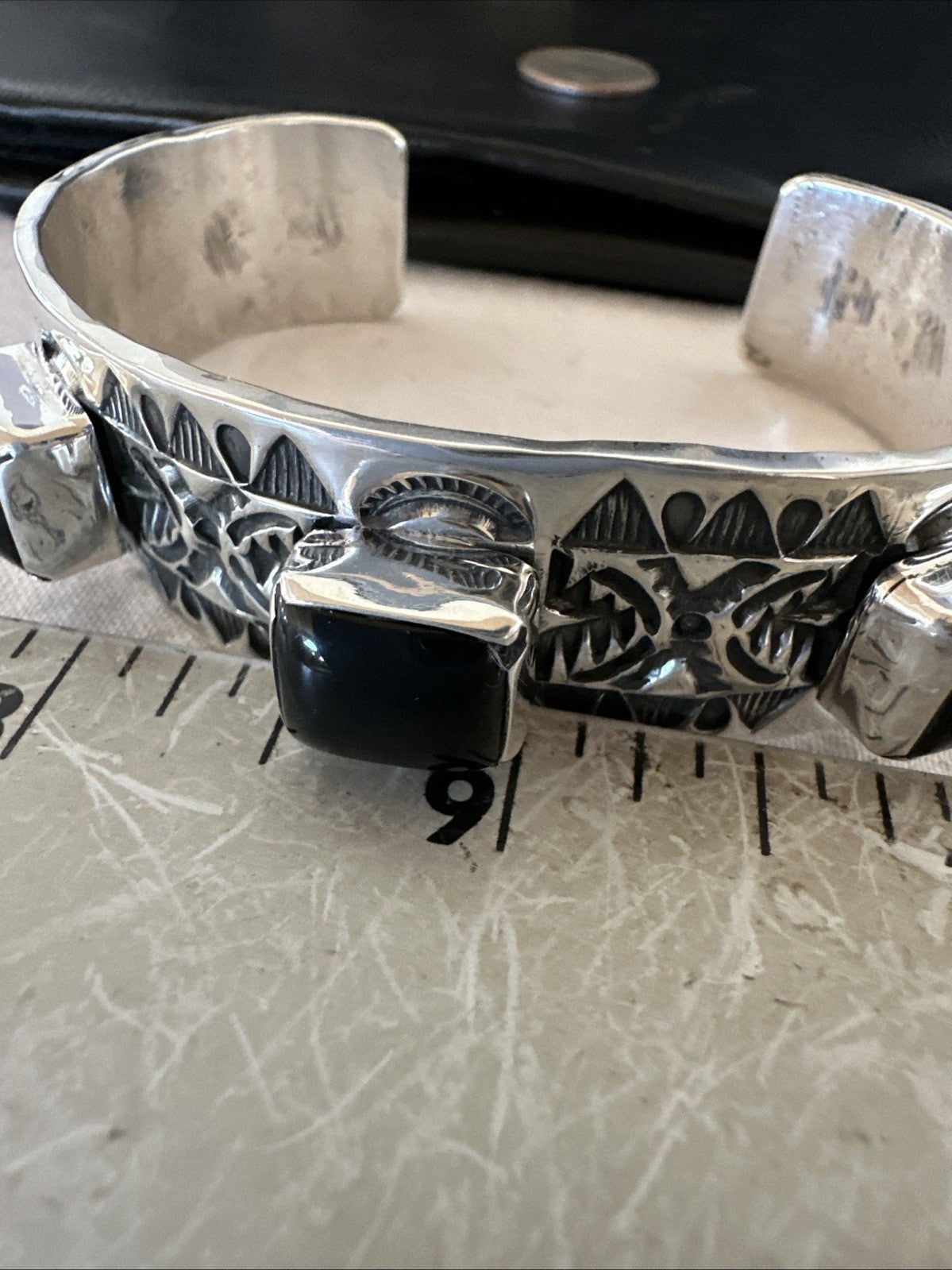 Mens Womens Navajo Sterling Silver Black Onyx Cluster Cuff Bracelet 7.75" 19431