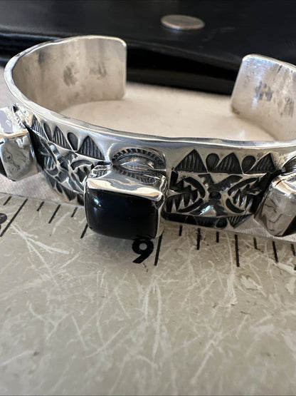 Mens Womens Navajo Sterling Silver Black Onyx Cluster Cuff Bracelet 7.75" 19431