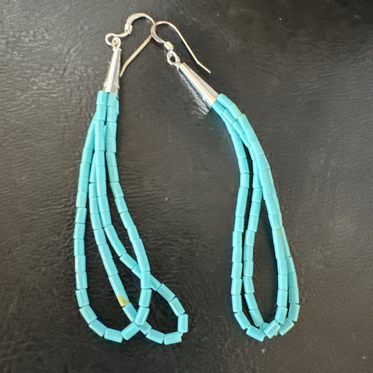 New Blue Turquoise Heishi 2 Strand Dangle Sterling Silver Earrings 3” 19039