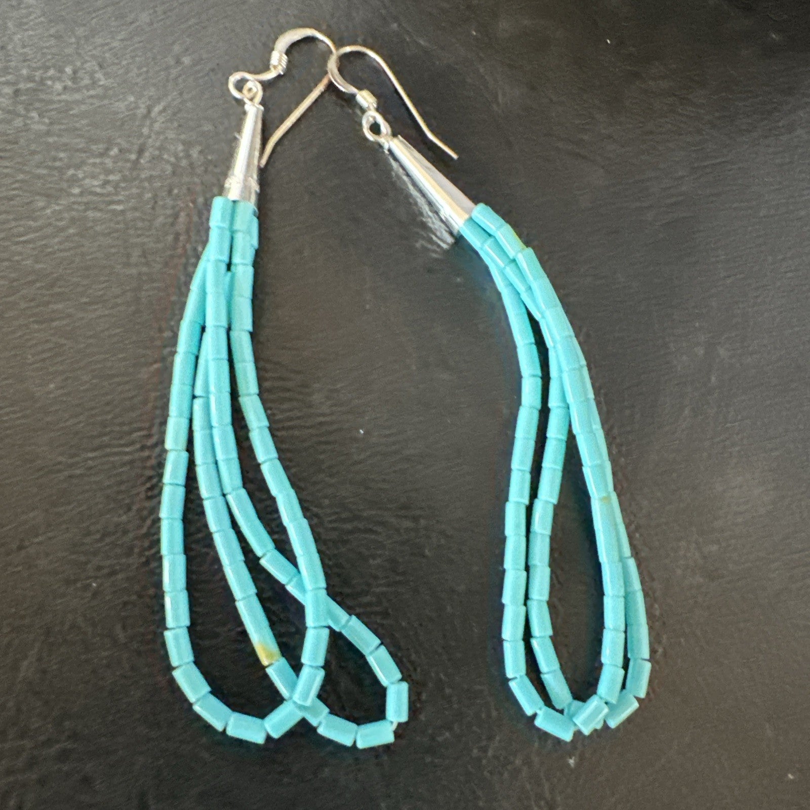 New Blue Turquoise Heishi 2 Strand Dangle Sterling Silver Earrings 3” 19039