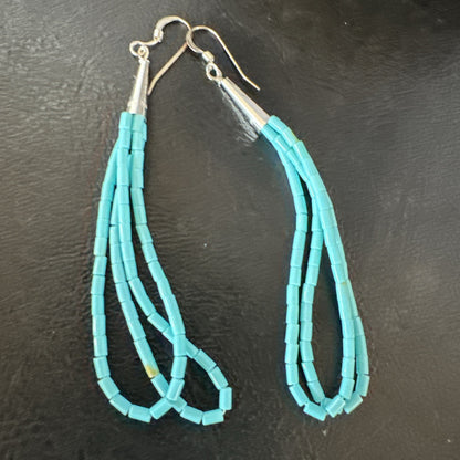 New Blue Turquoise Heishi 2 Strand Dangle Sterling Silver Earrings 3” 19039