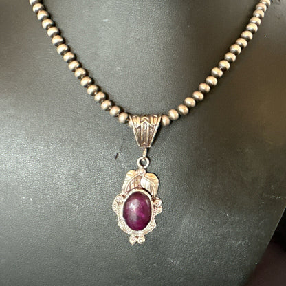 Purple Stone Pendant Navajo Pearls Sterling Silver Necklace 20” 18047