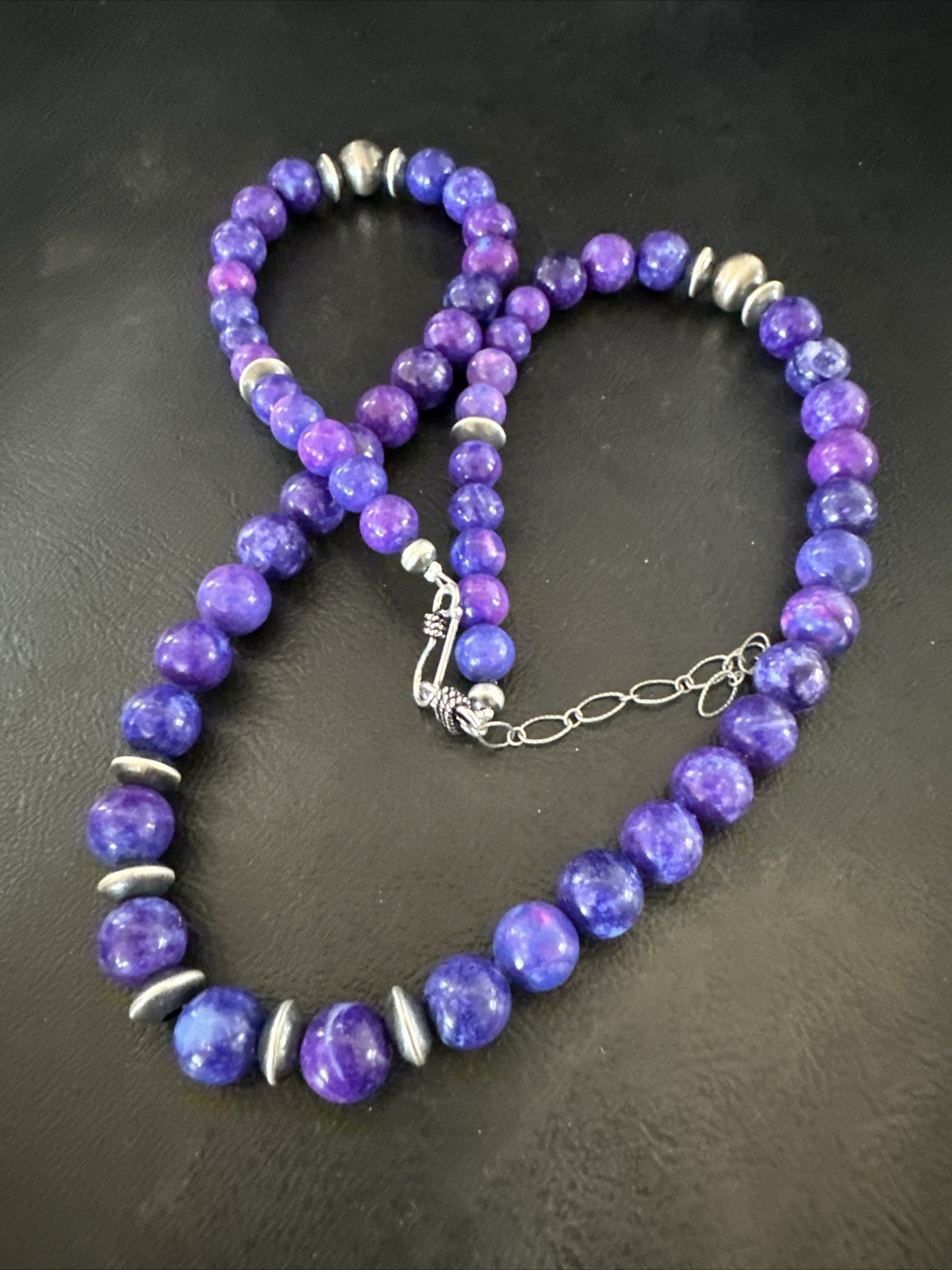 10mm Royal  Purple Stone Bead Navajo Sterling Silver Necklace 24” 17922