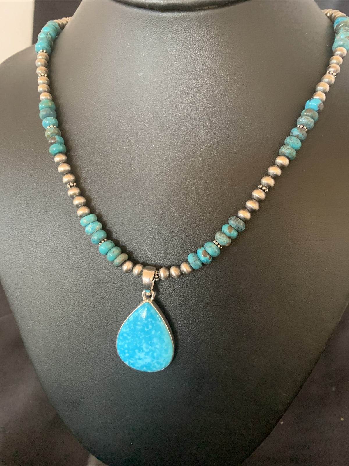 Womens Blue Kingman Turquoise Sterling Silver Beads Necklace Pendant 11692