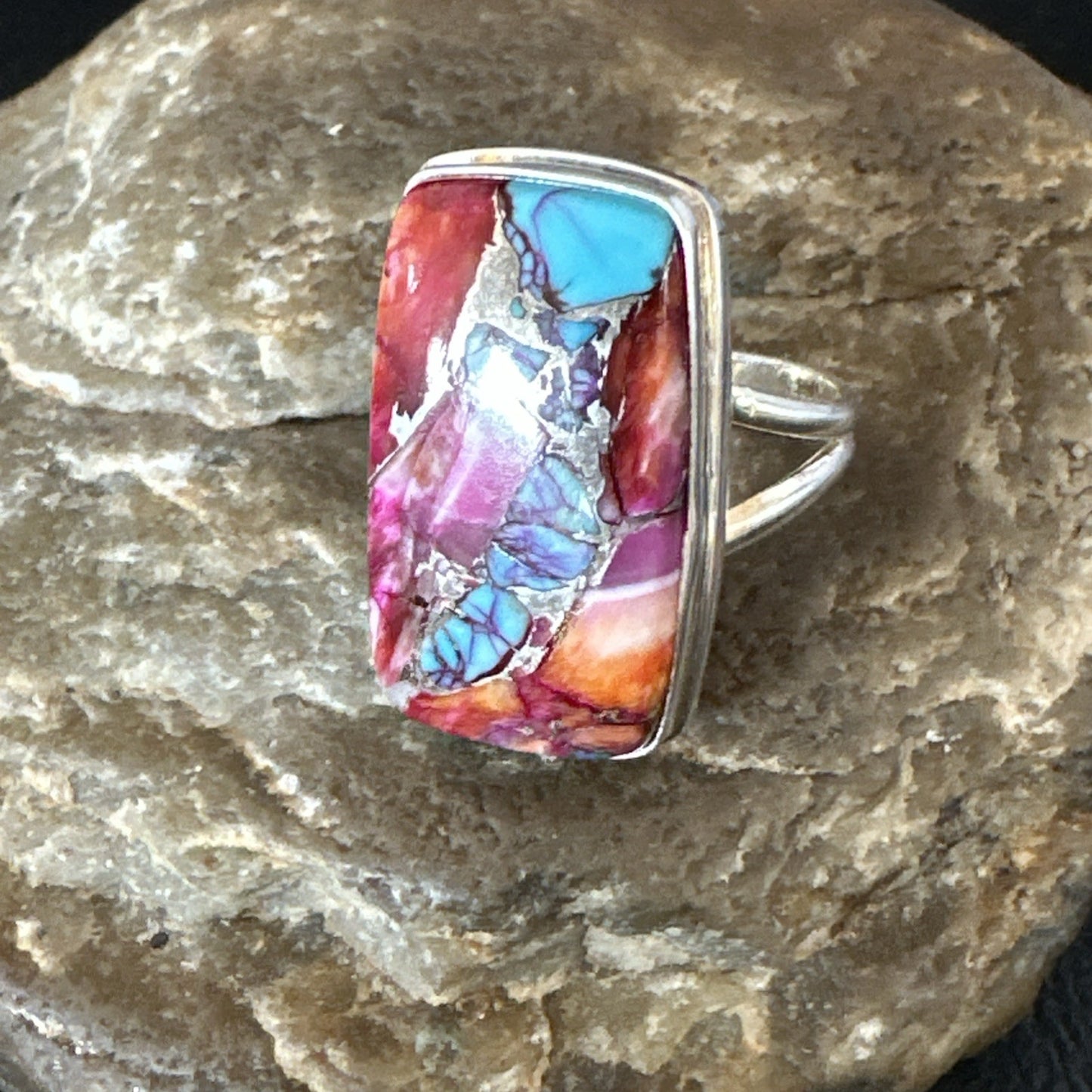 Blue Turquoise Spiny Oyster Southwestern Sterling Silver Ring Size 9 19060