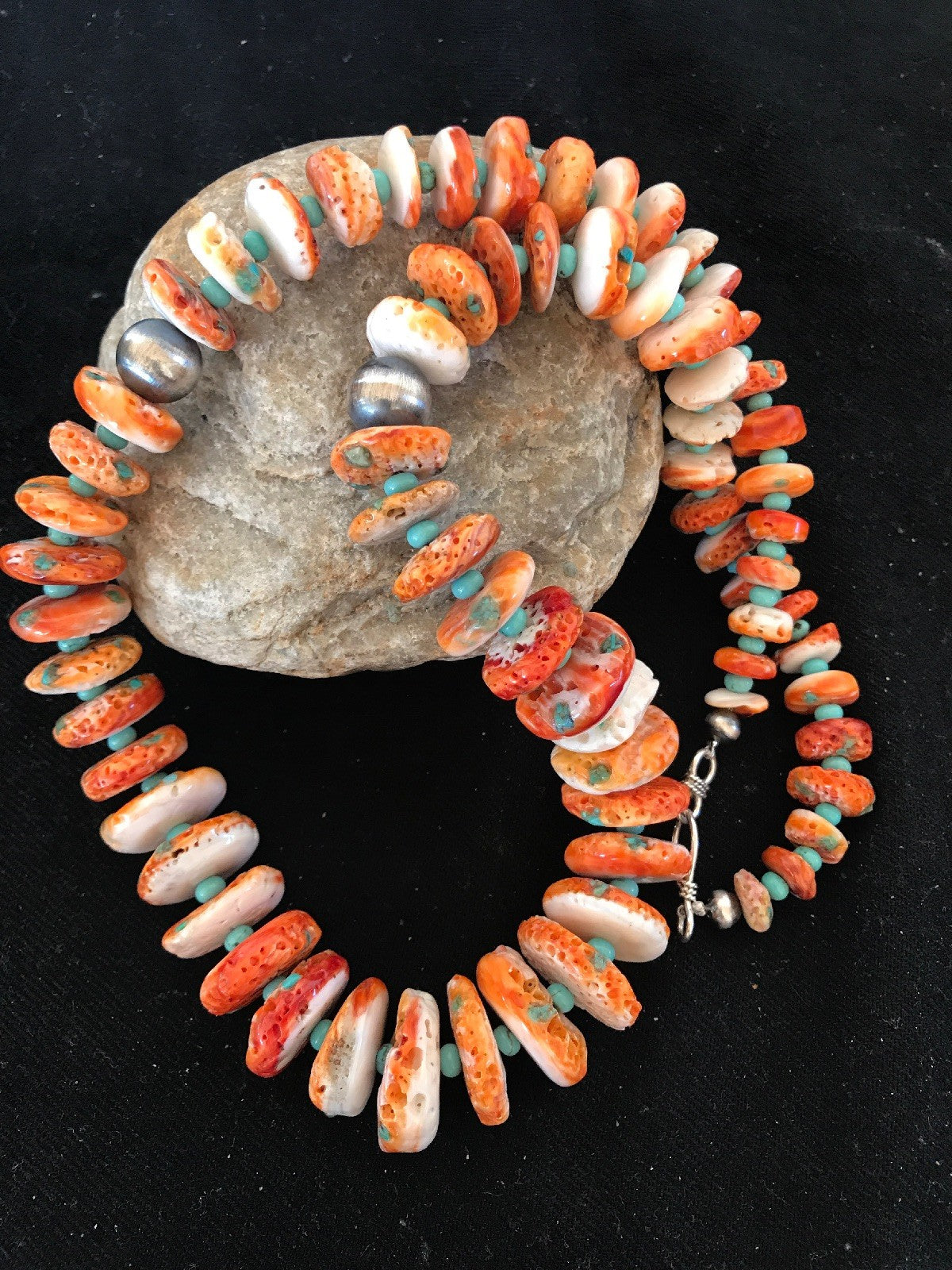 Orange Spiny Oyster Turquoise Navajo Indian Sterling Silver Necklace 22" 03607